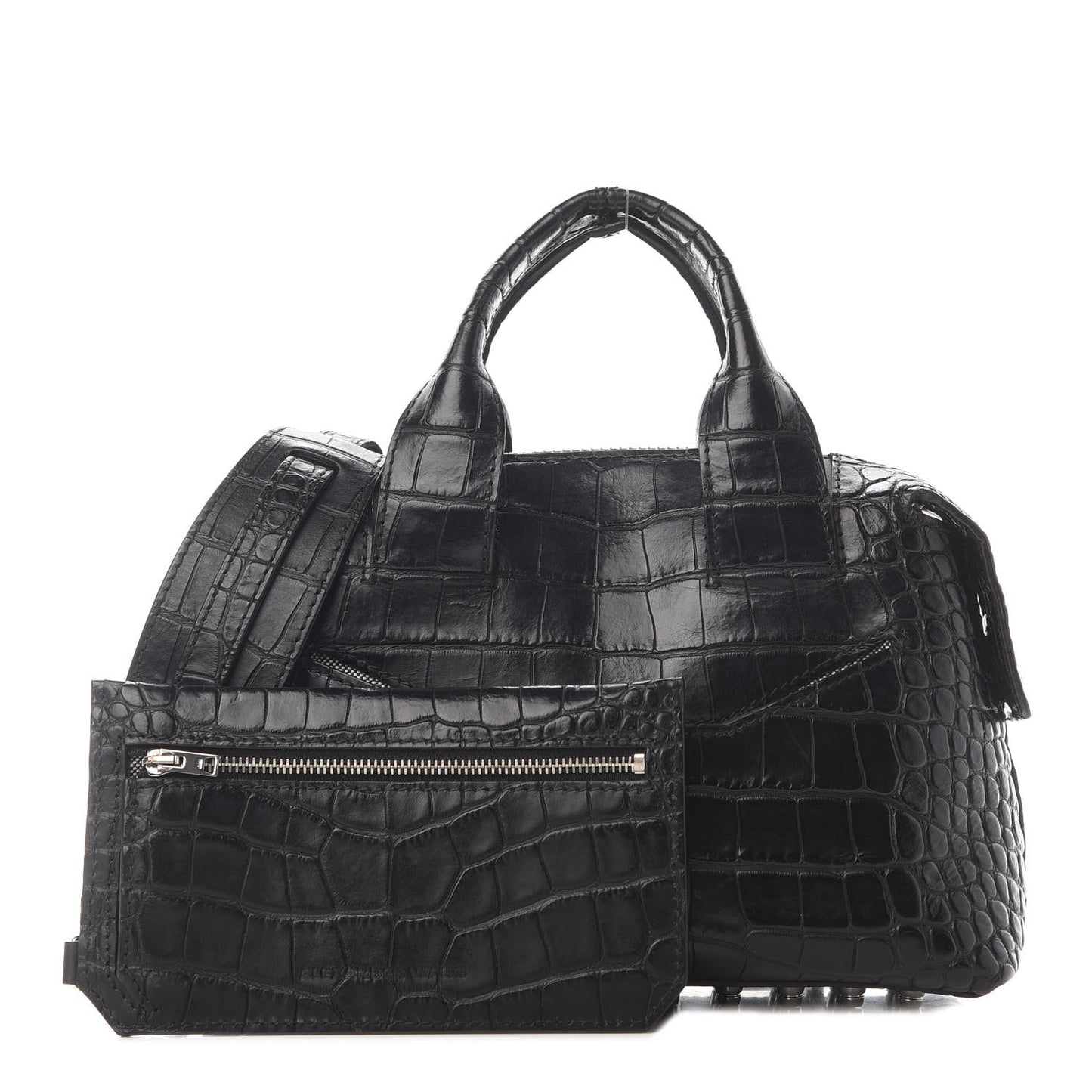 Calfskin Crocodile Embossed Small Rogue Satchel Black Silver Hardware