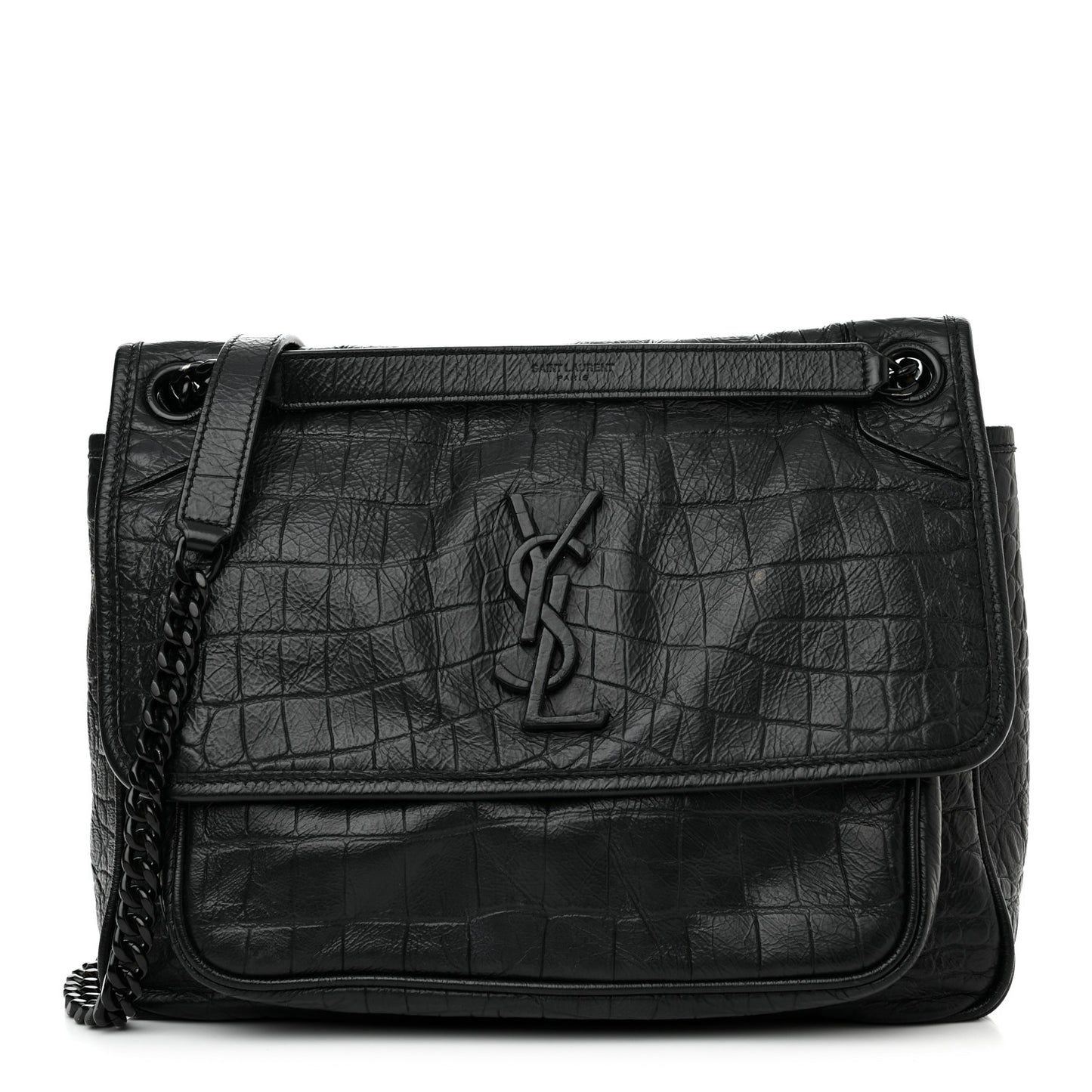 Crocodile Embossed Lambskin Monogram Medium Niki Chain Satchel Black