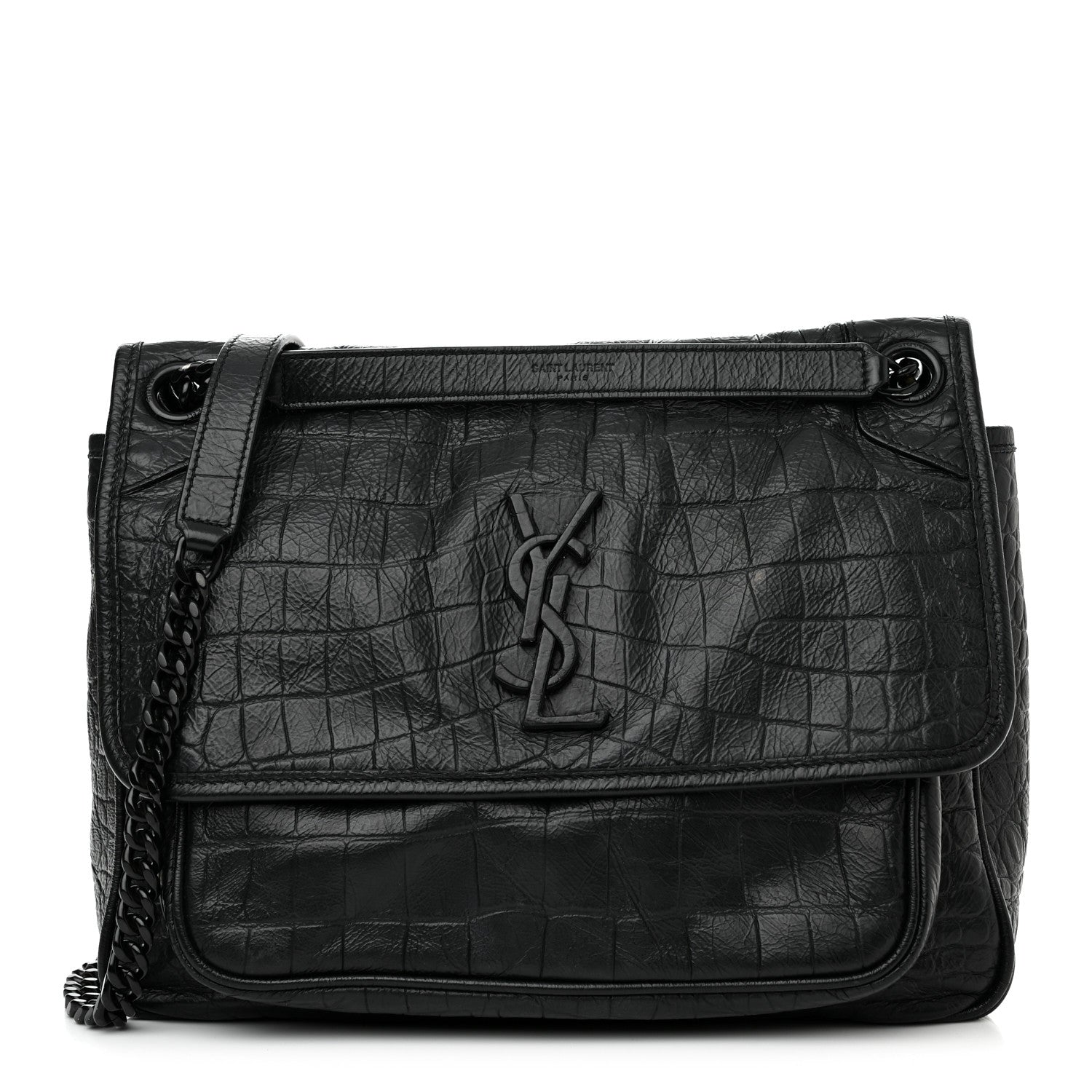 Saint Laurent Crocodile Embossed Lambskin Monogram Medium Niki Chain Satchel Black 1 of 11