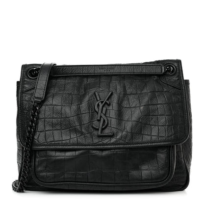 Saint Laurent Crocodile Embossed Lambskin Monogram Medium Niki Chain Satchel Black 1 of 11