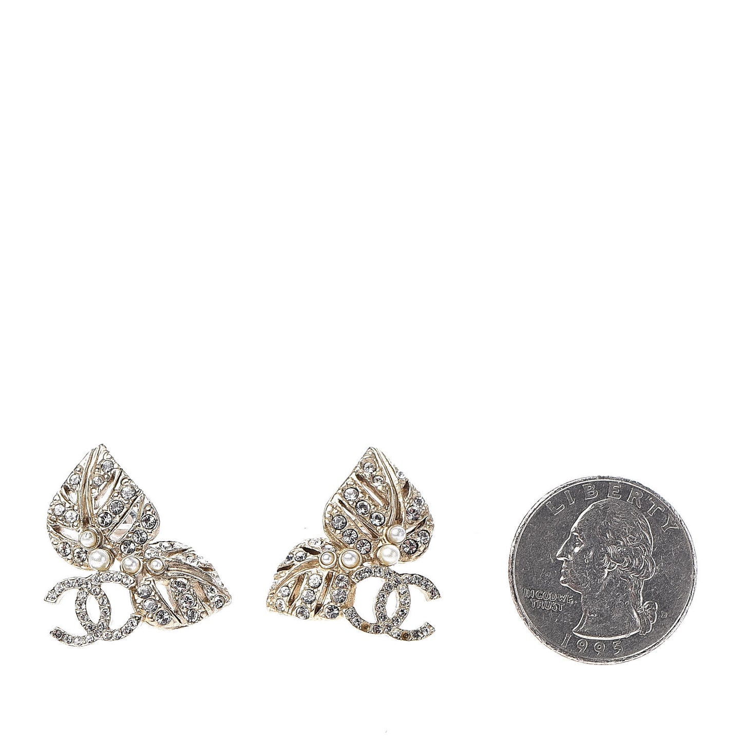 Crystal Pearl CC Leaf Earrings Gold