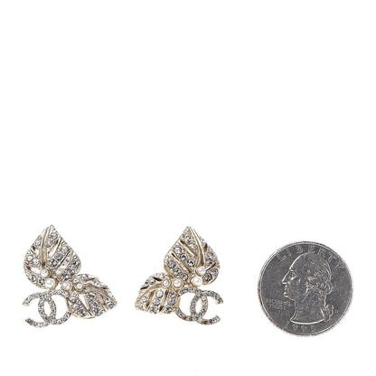 Chanel Crystal Pearl CC Leaf Earrings Gold 2 of 3