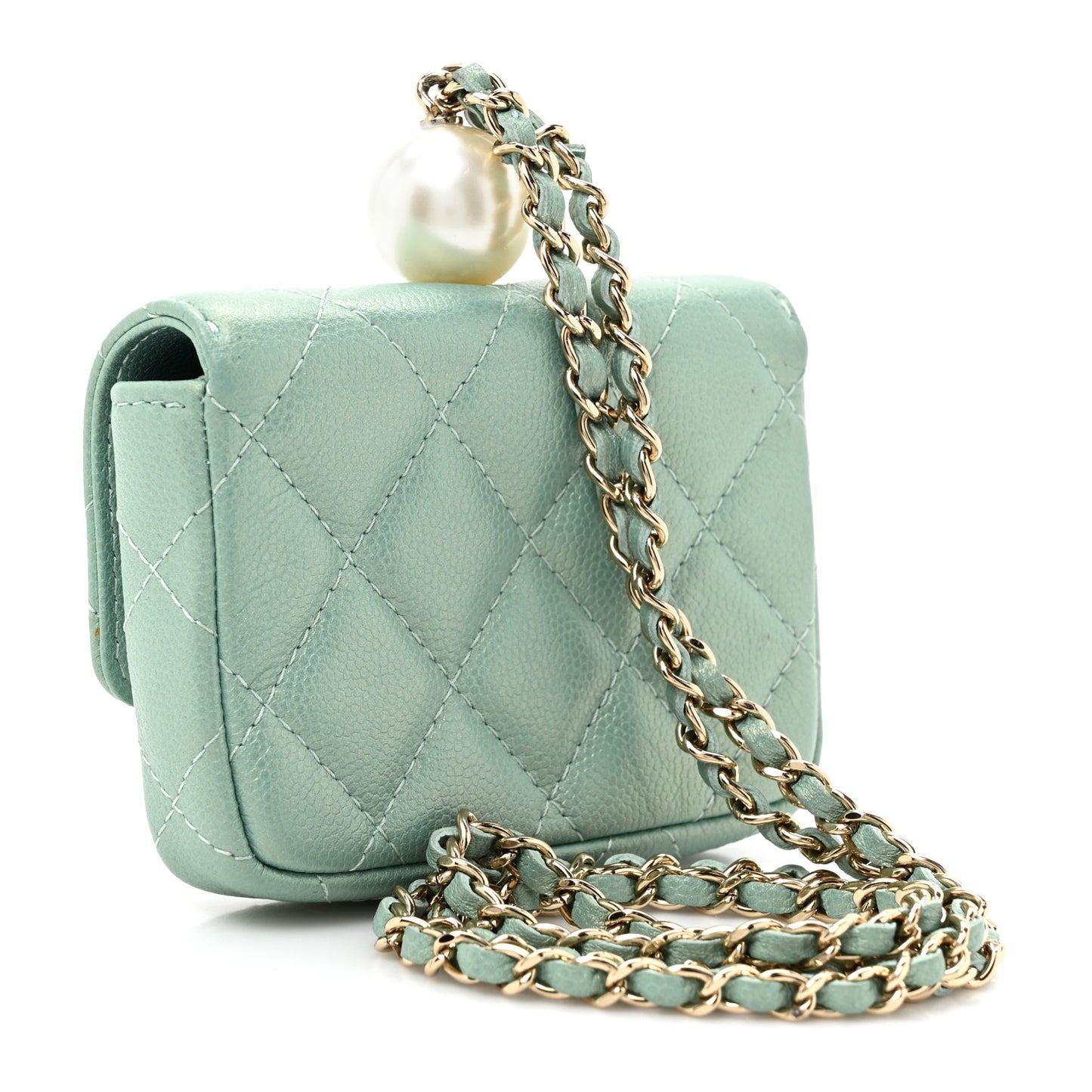 Iridescent Caviar Quilted Pearl On Top Coin Purse With Chain Light Green