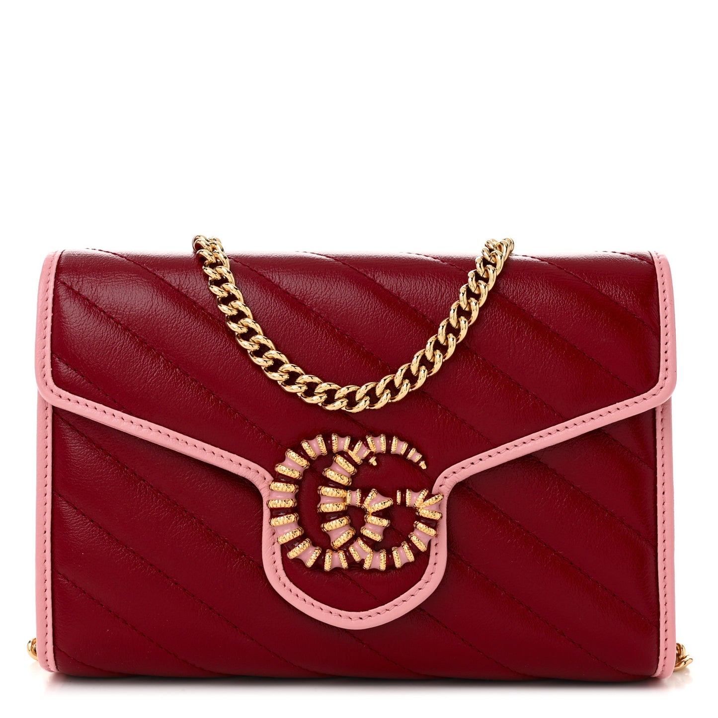 Azalea Calfskin Enamel Matelasse Diagonal Torchon GG Marmont Chain Wallet New Cherry Red Wild Rose
