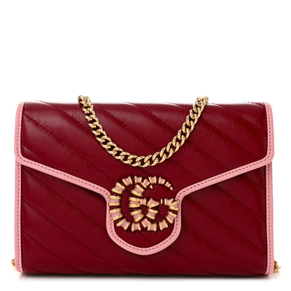 Gucci Azalea Calfskin Enamel Matelasse Diagonal Torchon GG Marmont Chain Wallet New Cherry Red Wild Rose 1 of 10