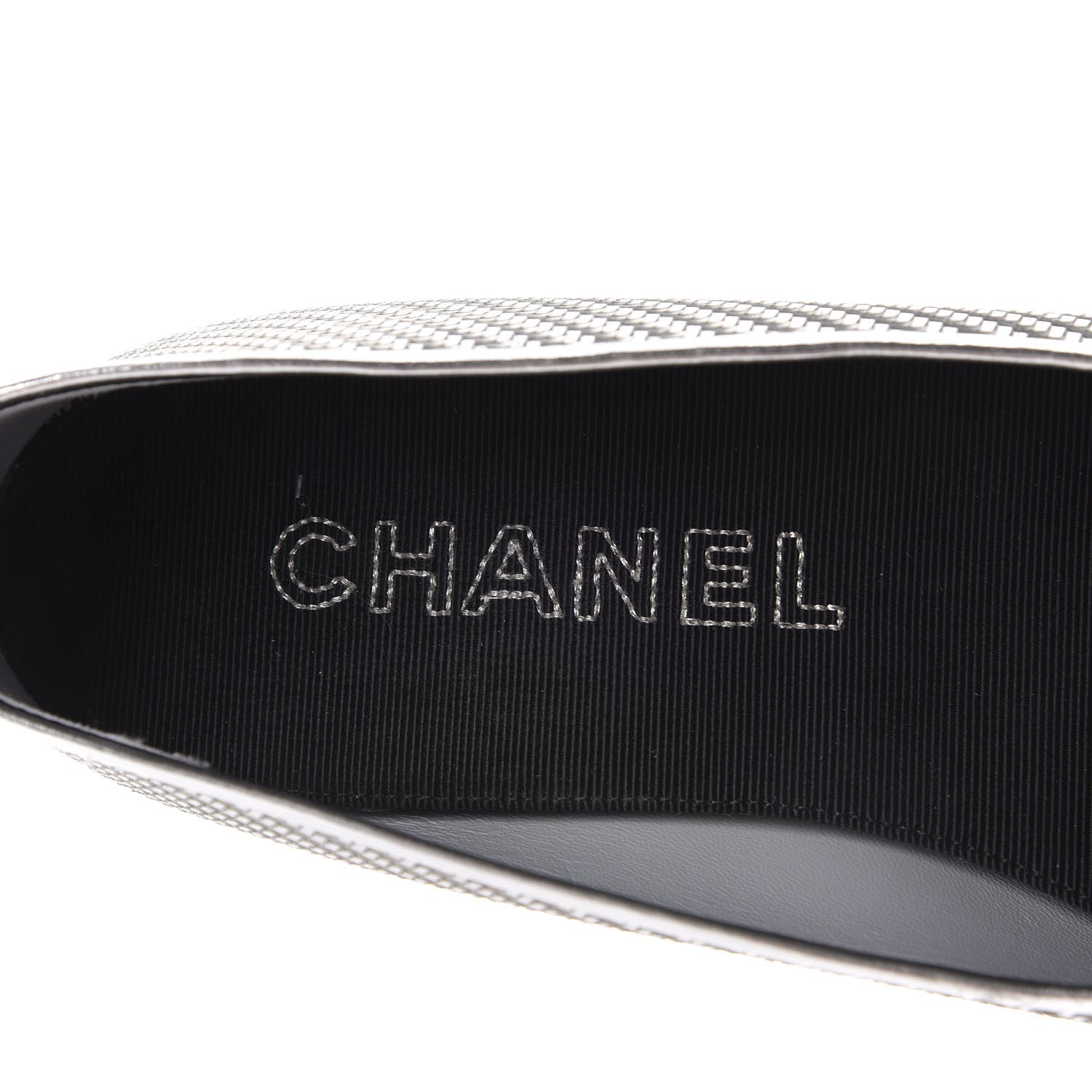 Chanel Metallic PVC Grosgrain Cap Toe Ballerina Flats 37.5 Silver Black 6 of 12