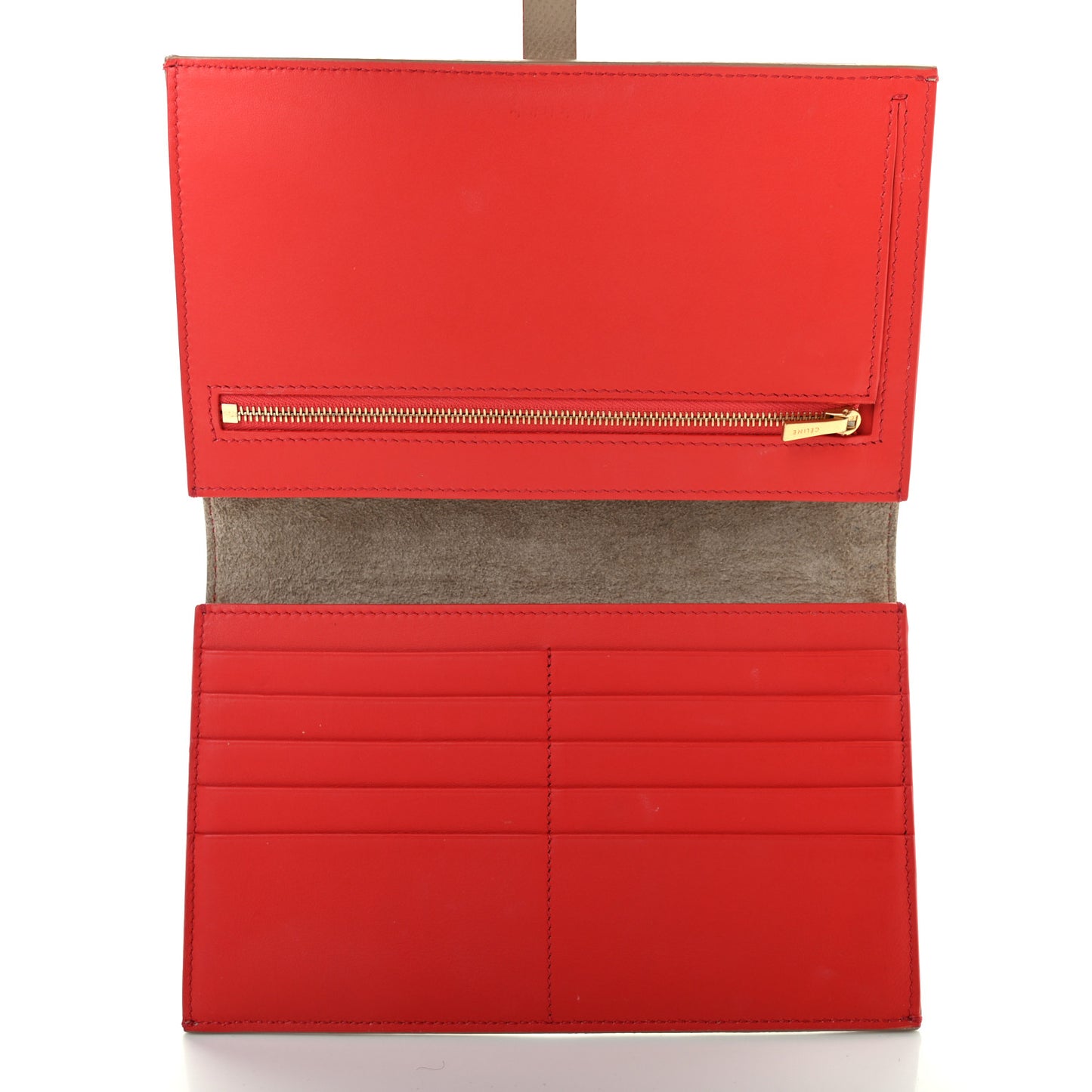 Grained Calfskin Large Multifunction Strap Wallet Light Taupe Red
