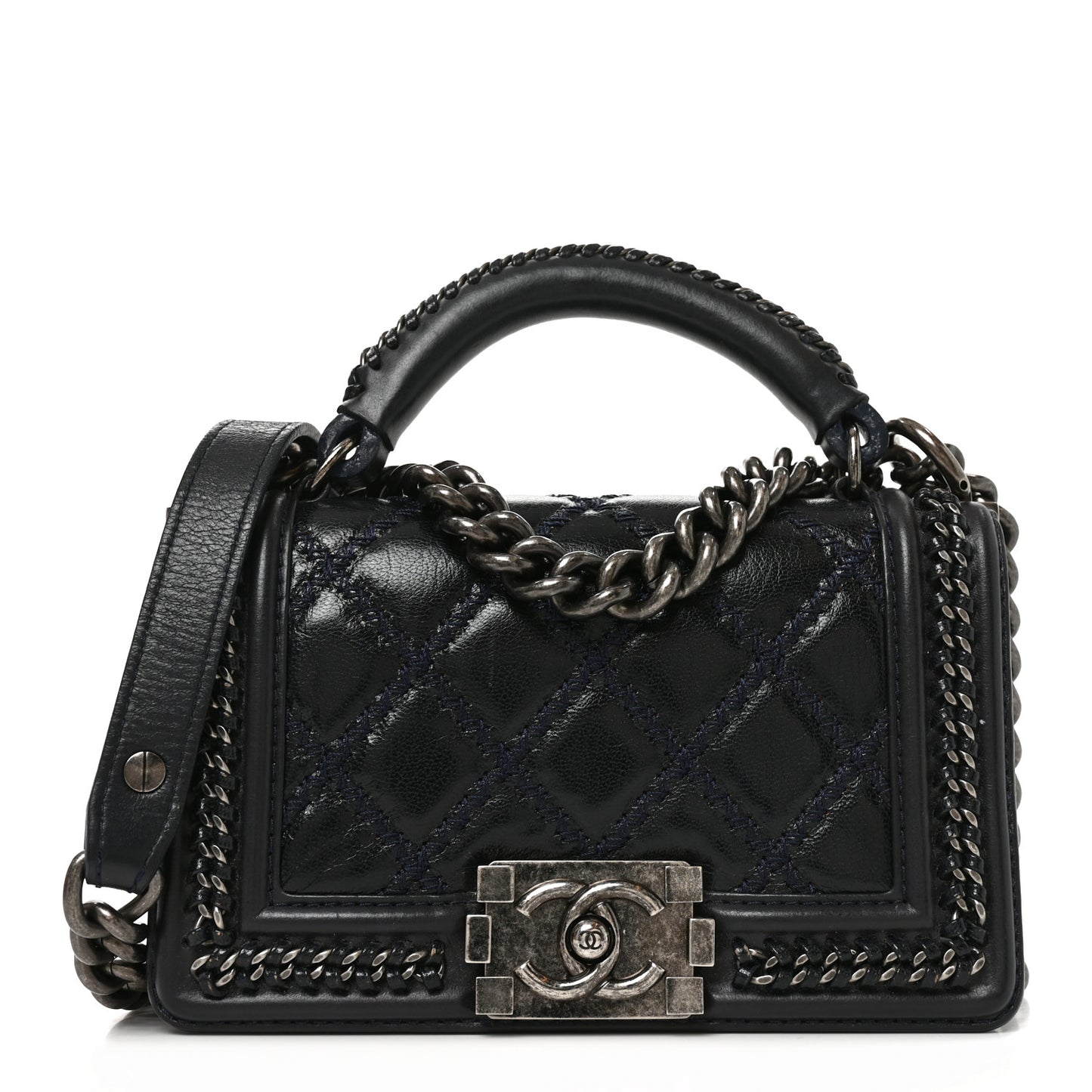 Shiny Goatskin Quilted Small Boy Top Handle Flap Navy Blue