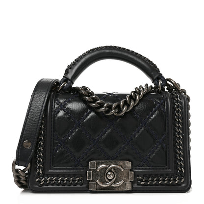 Chanel Shiny Goatskin Quilted Small Boy Top Handle Flap Navy Blue 1 of 10