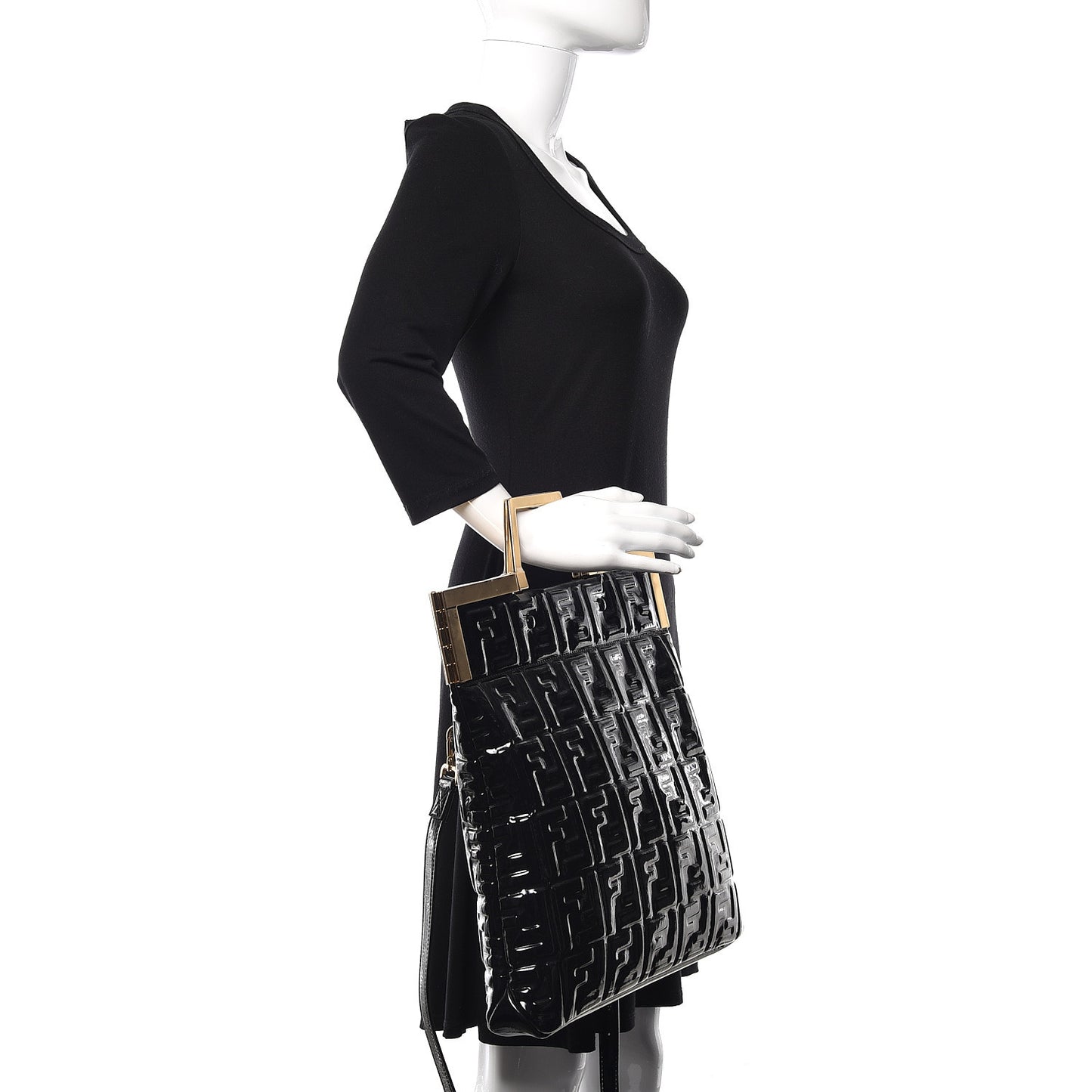Patent FF 1974 Embossed Medium Shopping Flap Bag Black