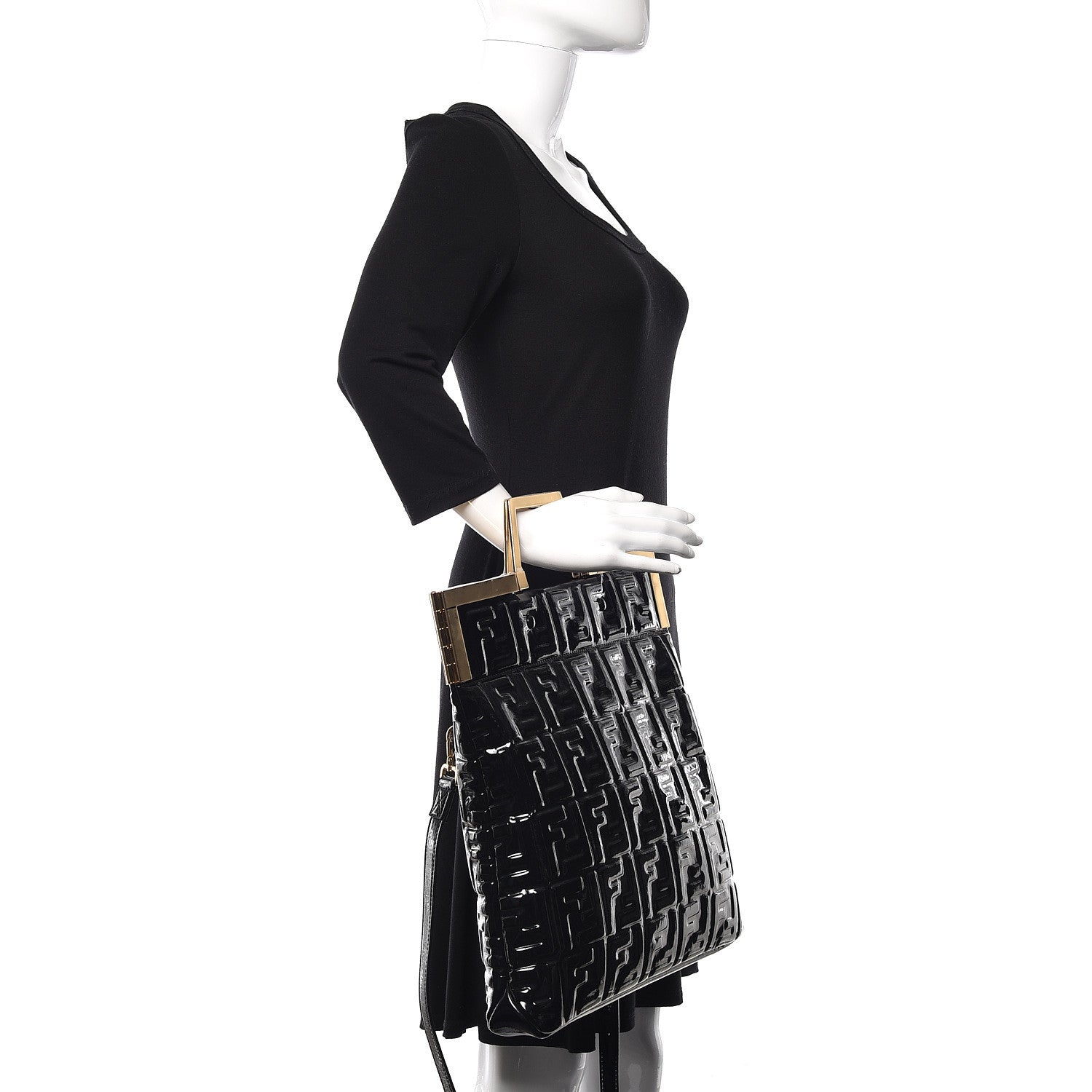Fendi Patent FF 1974 Embossed Medium Shopping Flap Bag Black 2 of 10