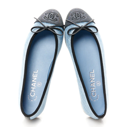 Chanel Denim Printed Quilt CC Cap Toe Ballerina Flats 35 Light Blue Dark Grey 2 of 10