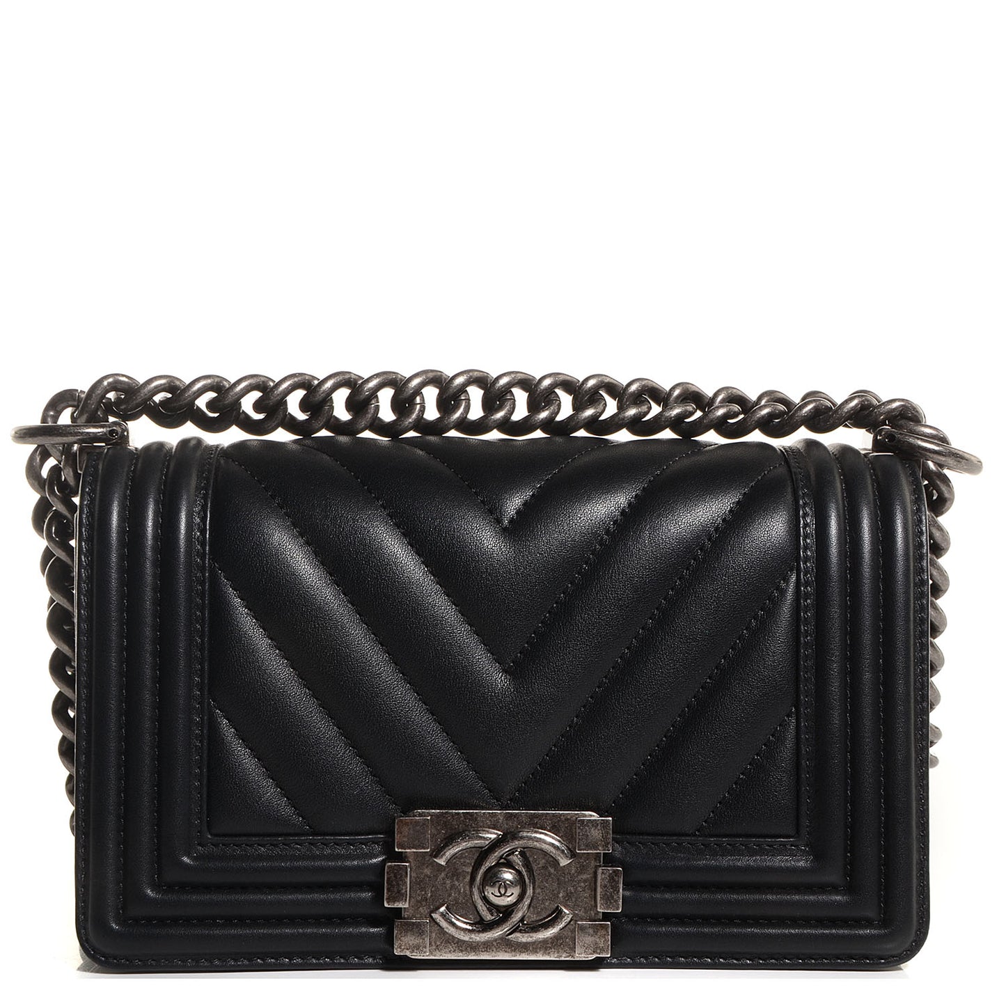 Calfskin Chevron Quilted Small Boy Flap Black