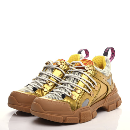 Gucci X SEGA Metallic Calfskin Mesh Womens Flashtrek Sneakers 36 Oro Vecchio Mystic White Silver 3 of 9