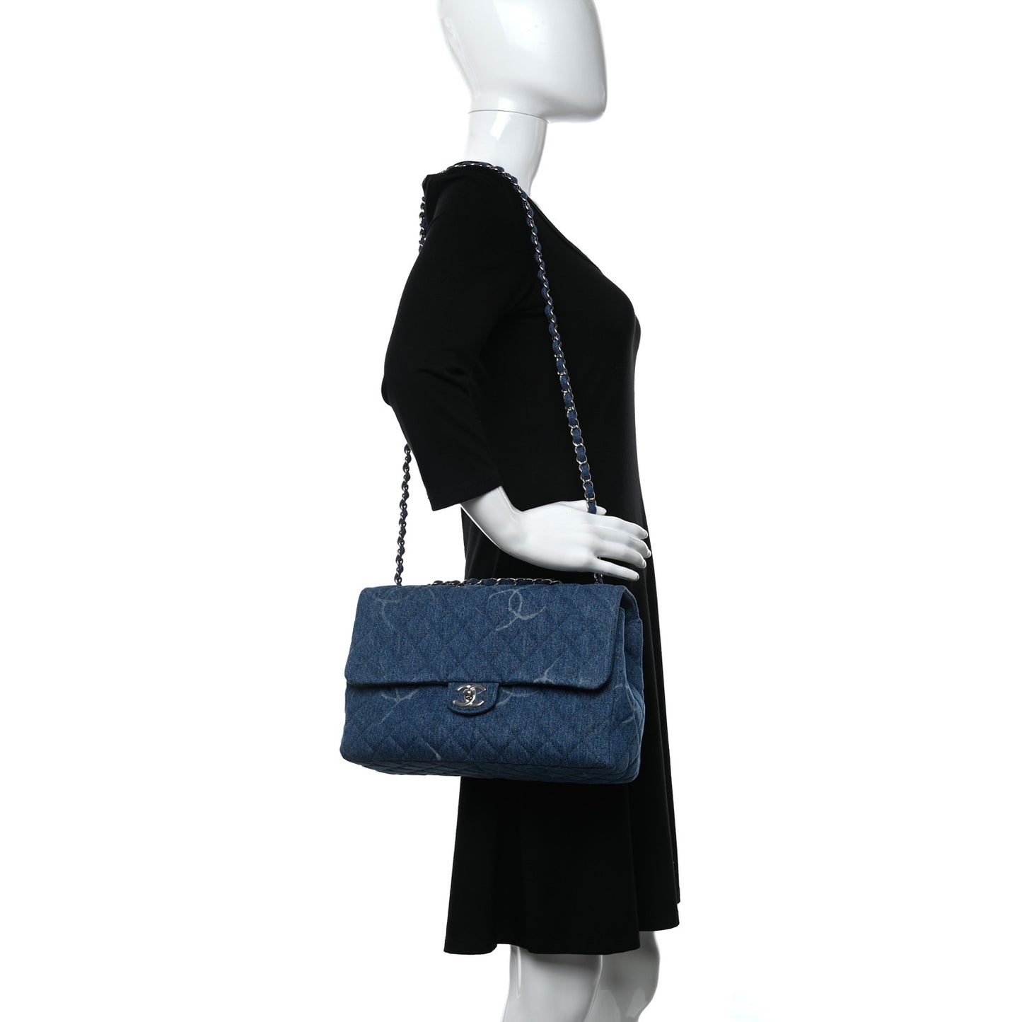 Denim Quilted CC Print Jumbo Single Flap Blue