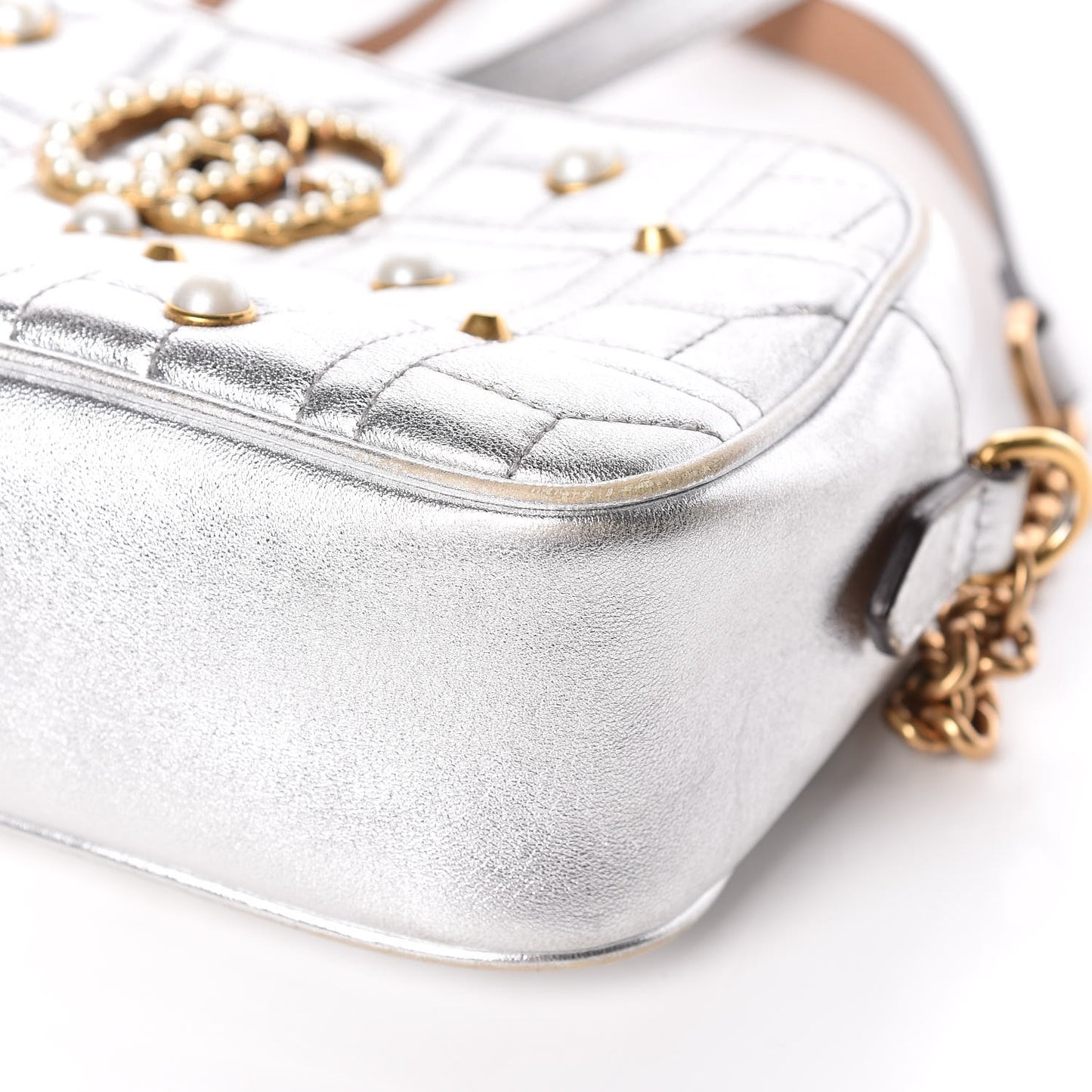 Metallic Calfskin Matelasse Studded Small Pearly GG Marmont Chain Shoulder Bag Silver