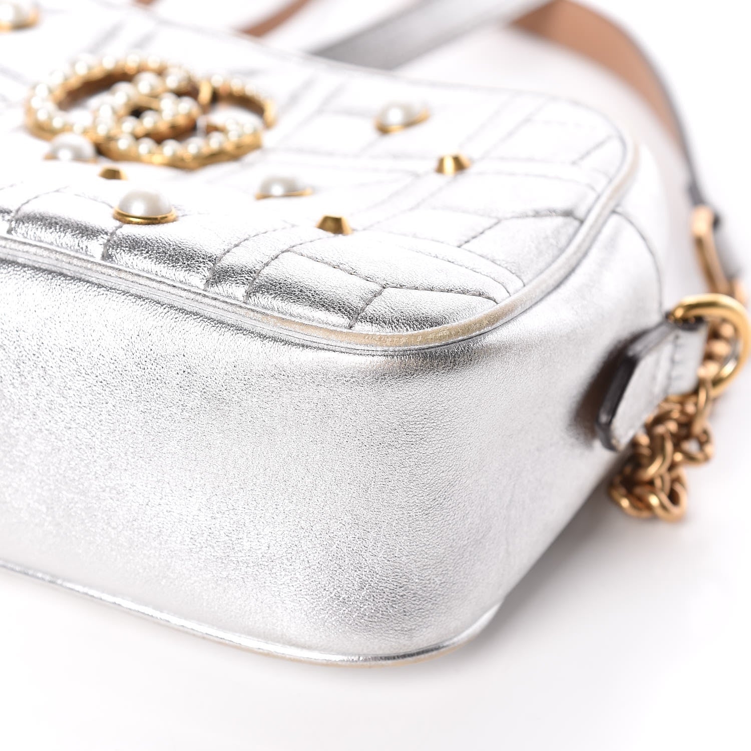 Gucci Metallic Calfskin Matelasse Studded Small Pearly GG Marmont Chain Shoulder Bag Silver 6 of 15