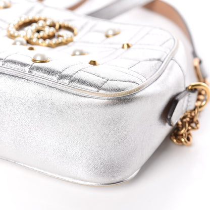 Gucci Metallic Calfskin Matelasse Studded Small Pearly GG Marmont Chain Shoulder Bag Silver 6 of 15