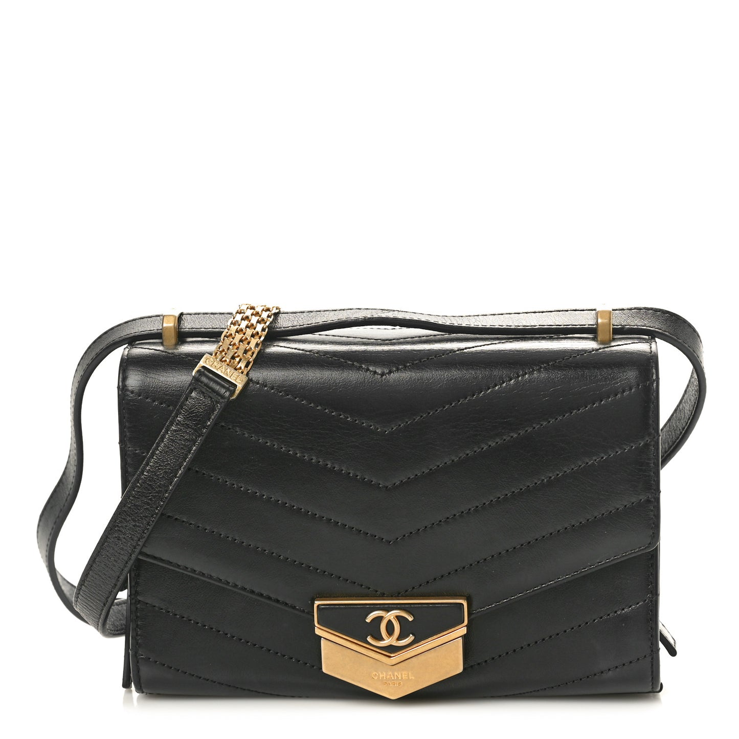 Calfskin Chevron Quilted Small Medal Flap Black