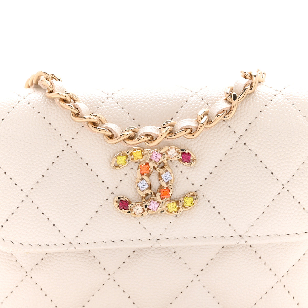 Chanel Caviar Quilted Crystal CC Clutch With Chain White 9 of 12