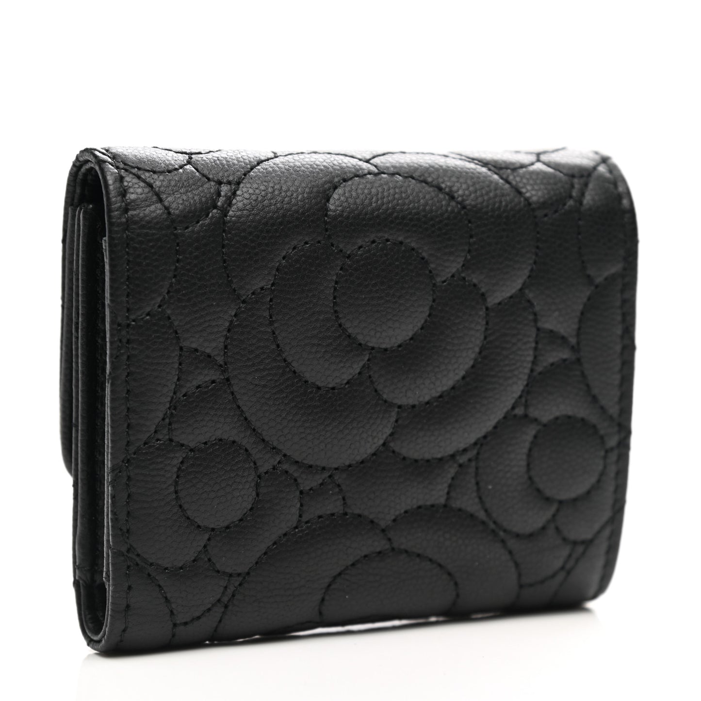 Caviar Camellia Embossed Compact Wallet Black