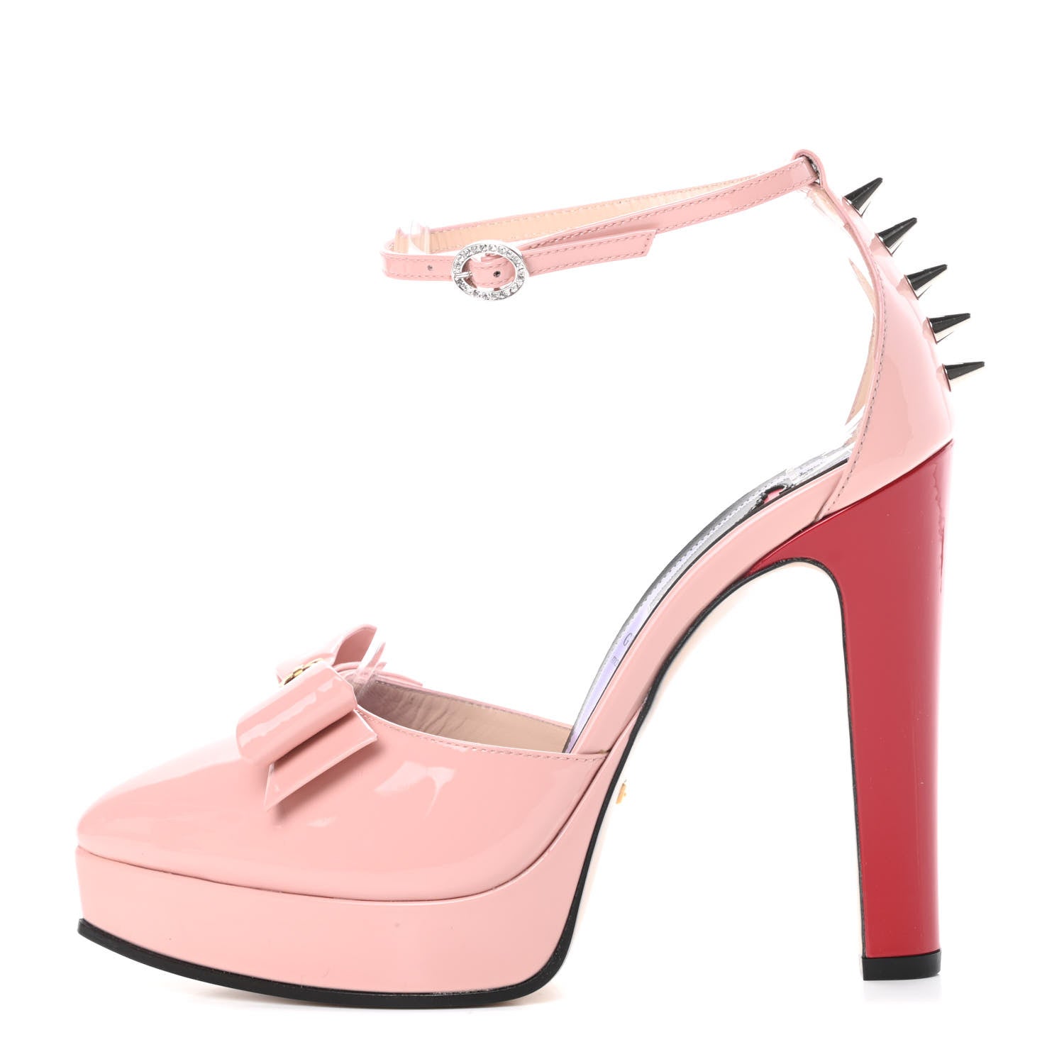 Gucci Patent Crystal GG Bow Sadie Spike Ankle Strap d'Orsay Platform High Heel Pumps 38.5 Perfect Pink 1 of 10