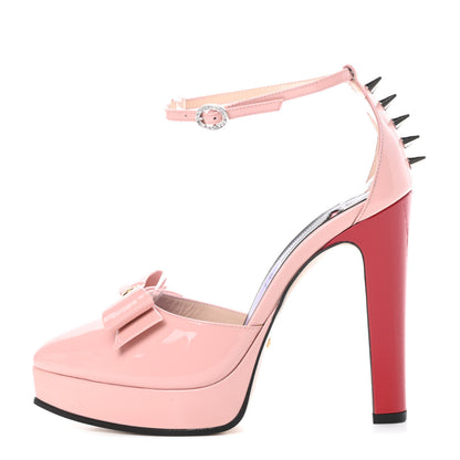 Gucci Patent Crystal GG Bow Sadie Spike Ankle Strap d'Orsay Platform High Heel Pumps 38.5 Perfect Pink 1 of 10