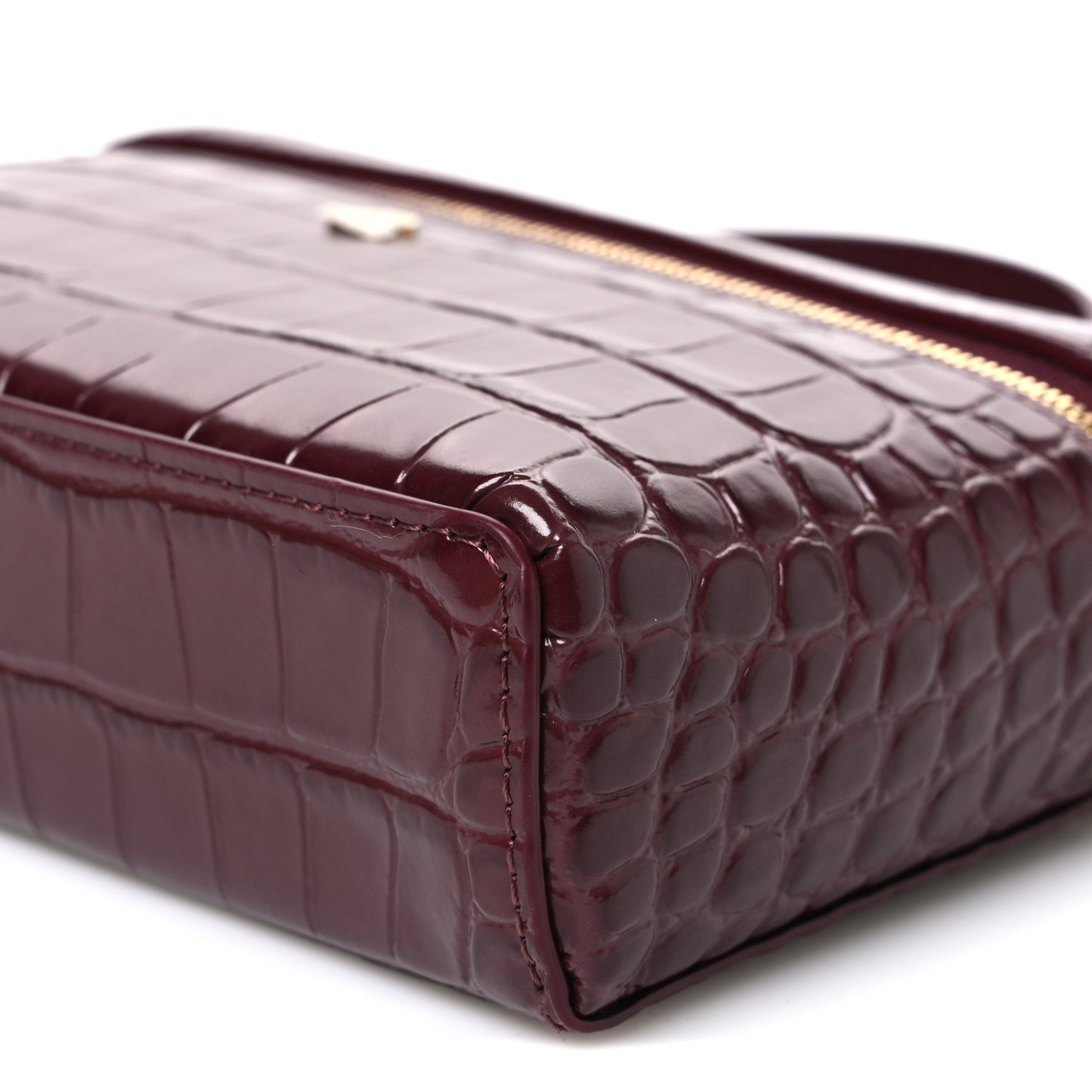 Calfskin Crocodile Embossed Crococo Top Handle Slim Vanity Case With Chain Dark Burgundy