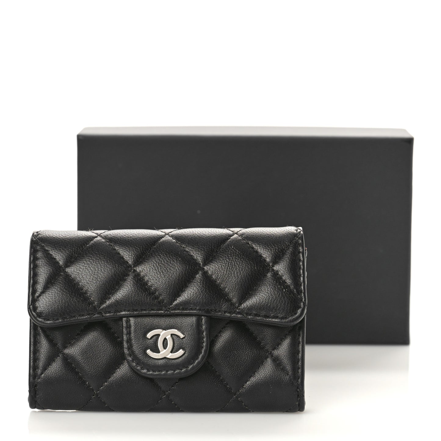 Lambskin Quilted Flap Card Holder Wallet Black