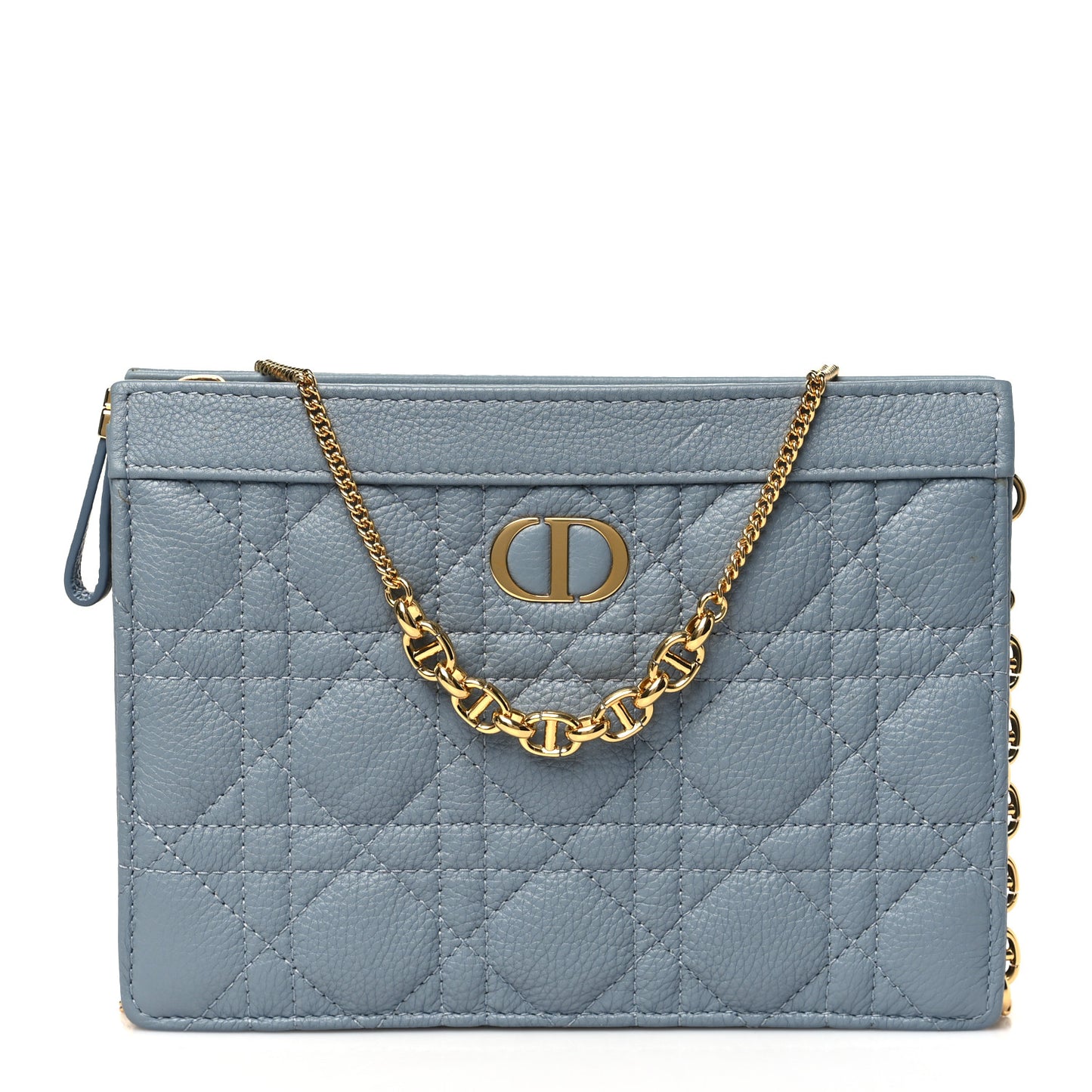 Calfskin Cannage Caro Zipped Pouch With Chain Cloud Blue
