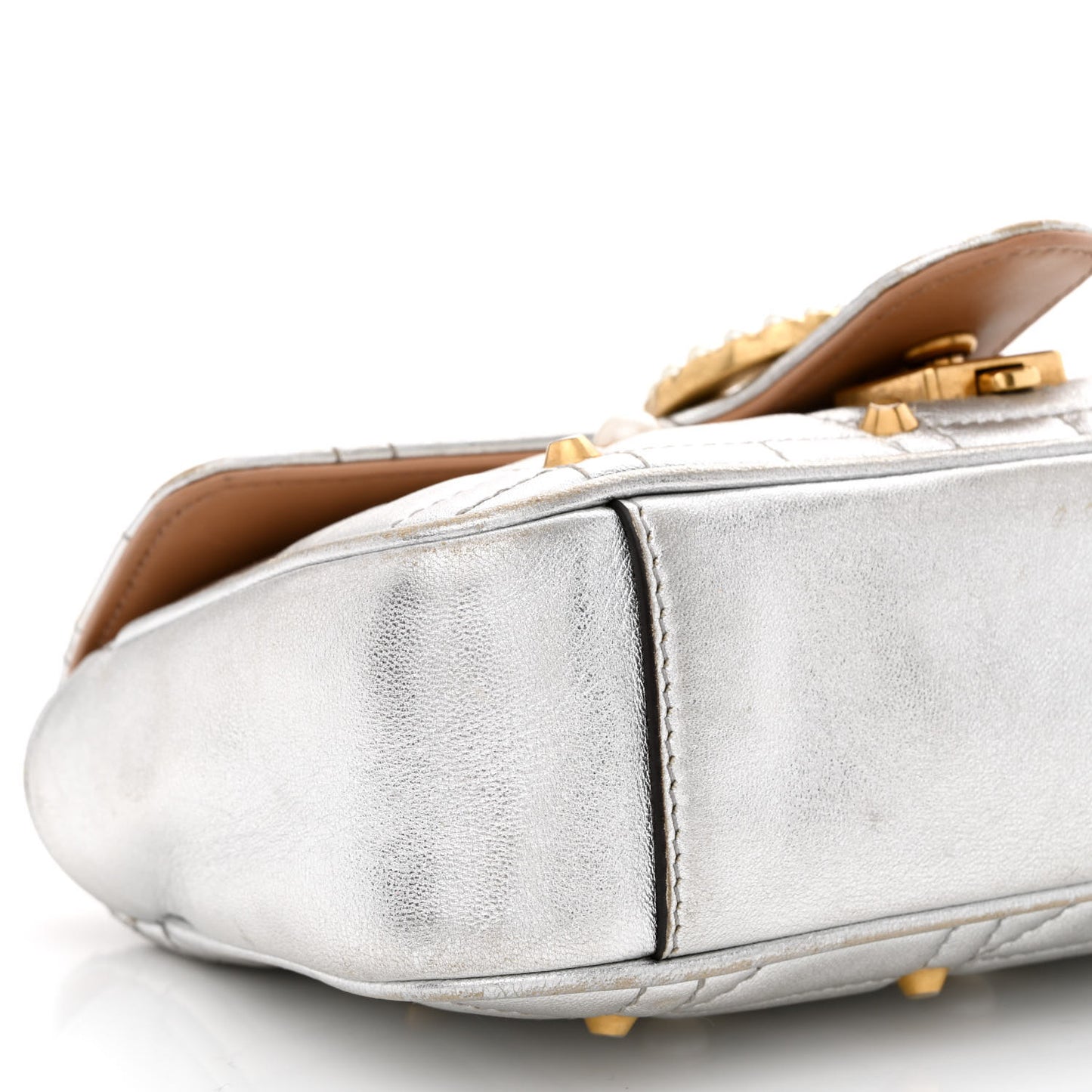 Metallic Calfskin Matelasse Studded Mini Pearly GG Marmont Shoulder Bag Silver