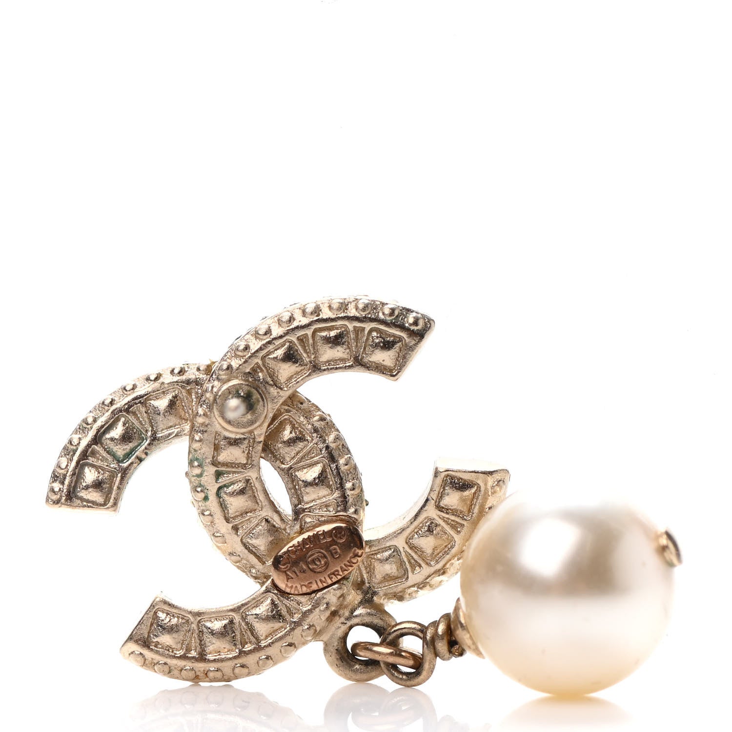 Chanel Crystal Timeless CC Pearl Drop Earrings Light Gold 4 of 4