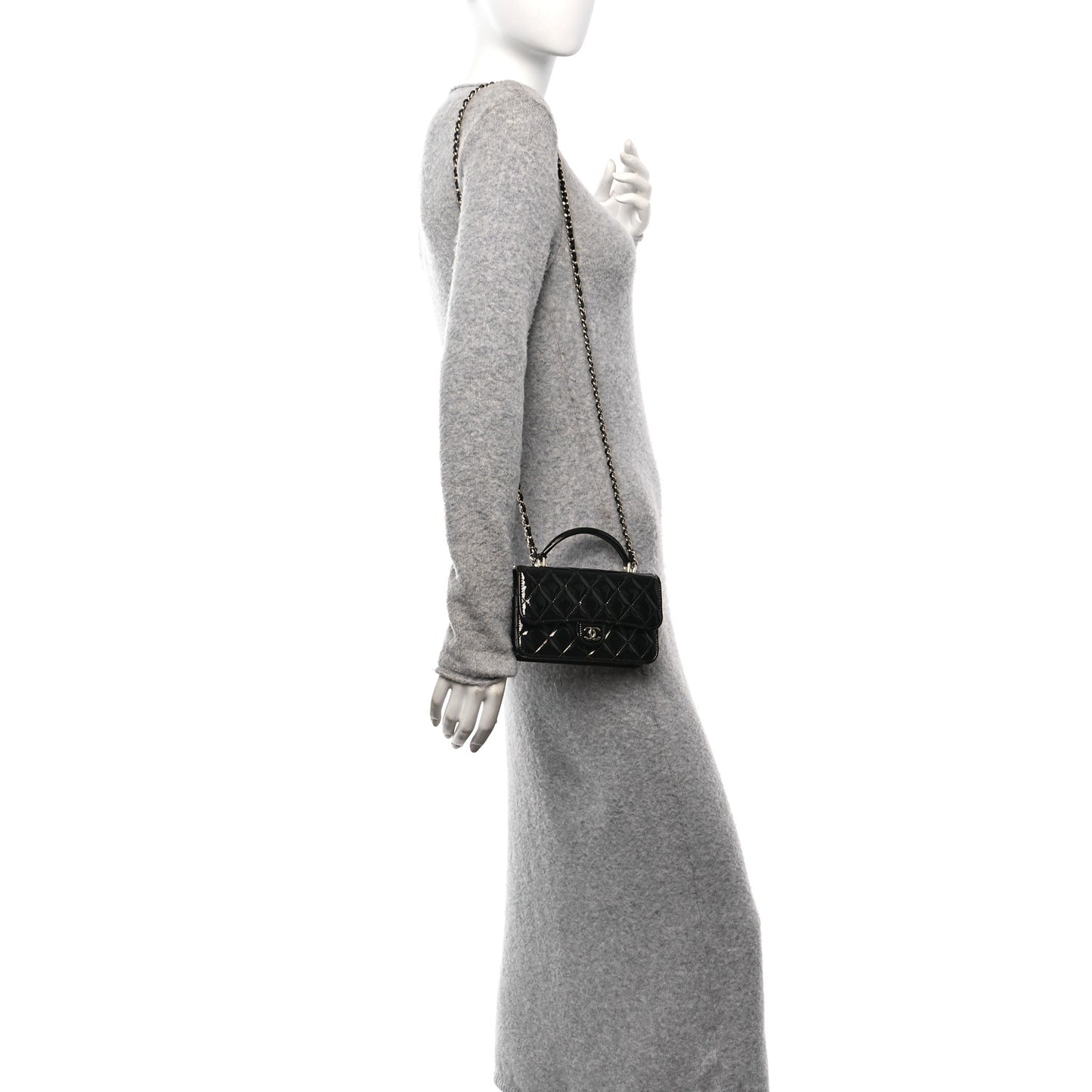 Patent Calfskin Quilted Flap Phone Holder With Chain Black