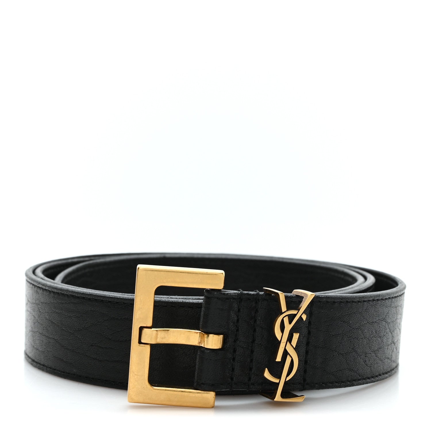 Saint Laurent Grained Lambskin Monogram Cassandre Square Buckle Belt 75 30 Black 1 of 5