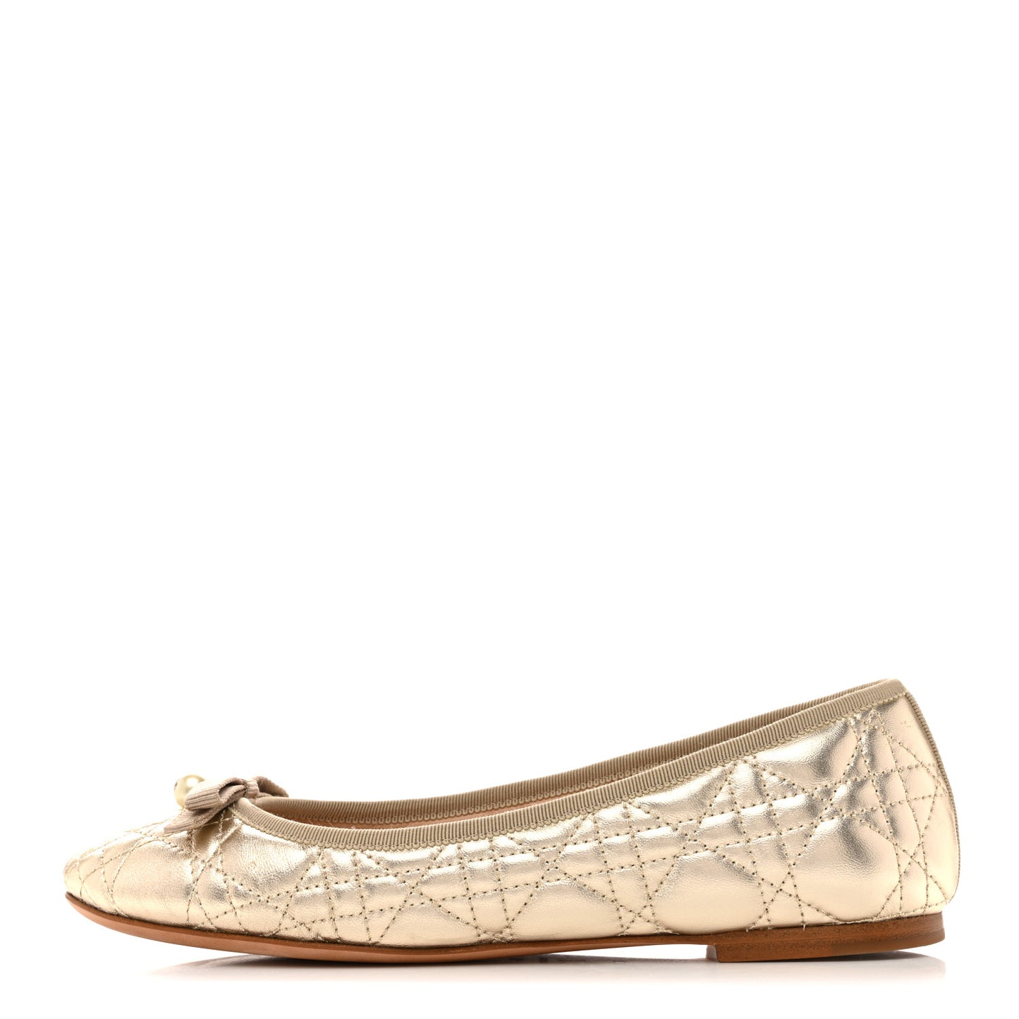 Metallic Lambskin Cannage Pearl Bow Ballet Flats 38 Pale Gold