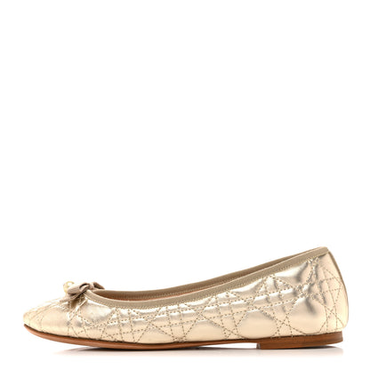 Christian Dior Metallic Lambskin Cannage Pearl Bow Ballet Flats 38 Pale Gold 1 of 10