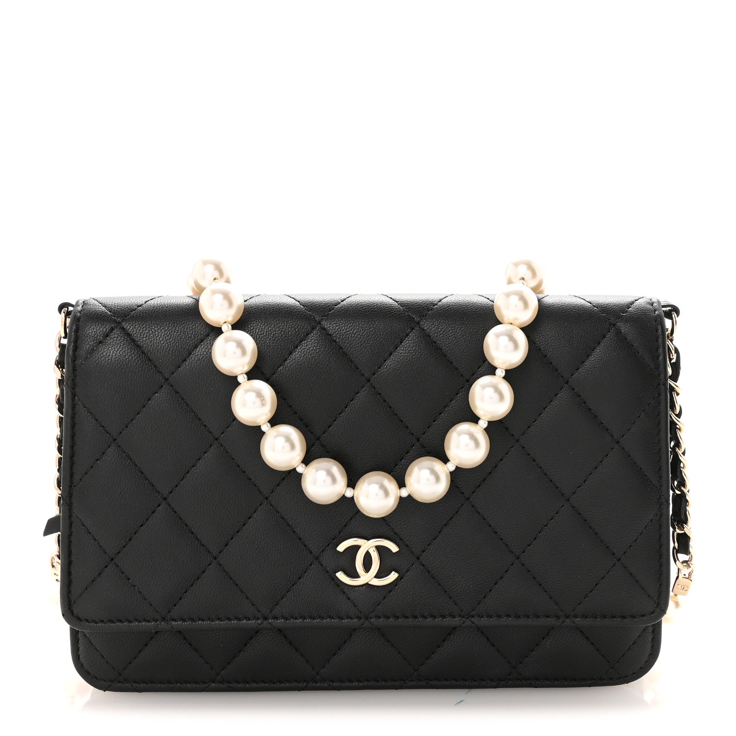 Chanel Lambskin Quilted Pearl Wallet On Chain WOC Black 1 of 12
