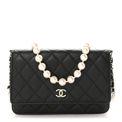 Chanel Lambskin Quilted Pearl Wallet On Chain WOC Black 1 of 12