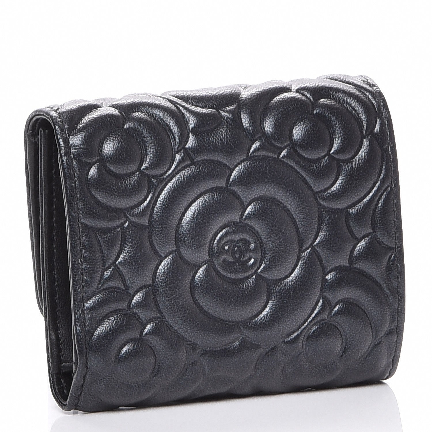 Chanel Lambskin Camellia Embossed Small Double Wallet Black 3 of 8