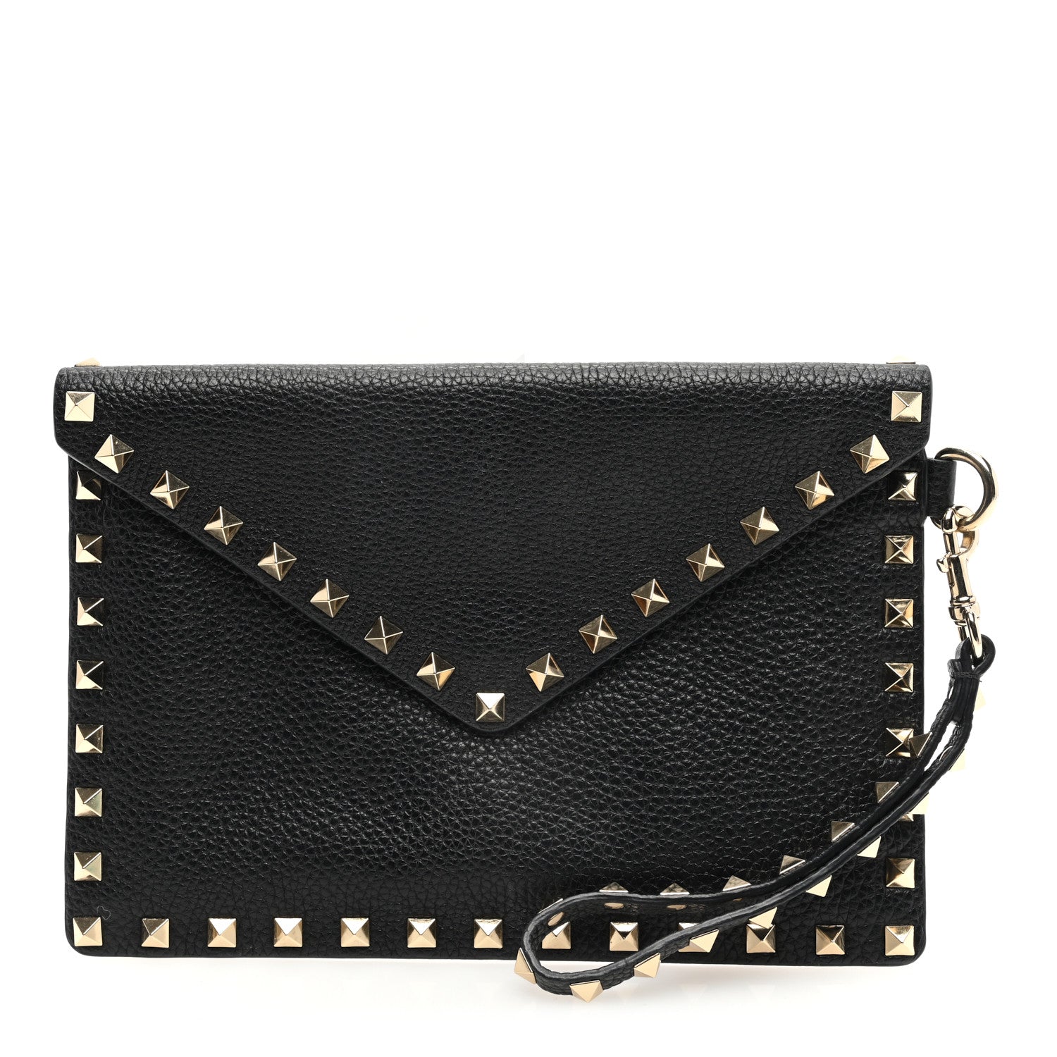 Valentino Garavani Pebbled Calfskin Medium Rockstud Envelope Flat Wristlet Pouch Black 1 of 6