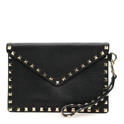 Valentino Garavani Pebbled Calfskin Medium Rockstud Envelope Flat Wristlet Pouch Black 1 of 6