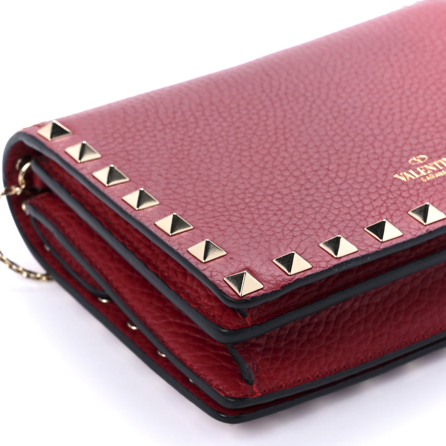 Pebbled Calfskin Rockstud Wallet on Chain Rubino