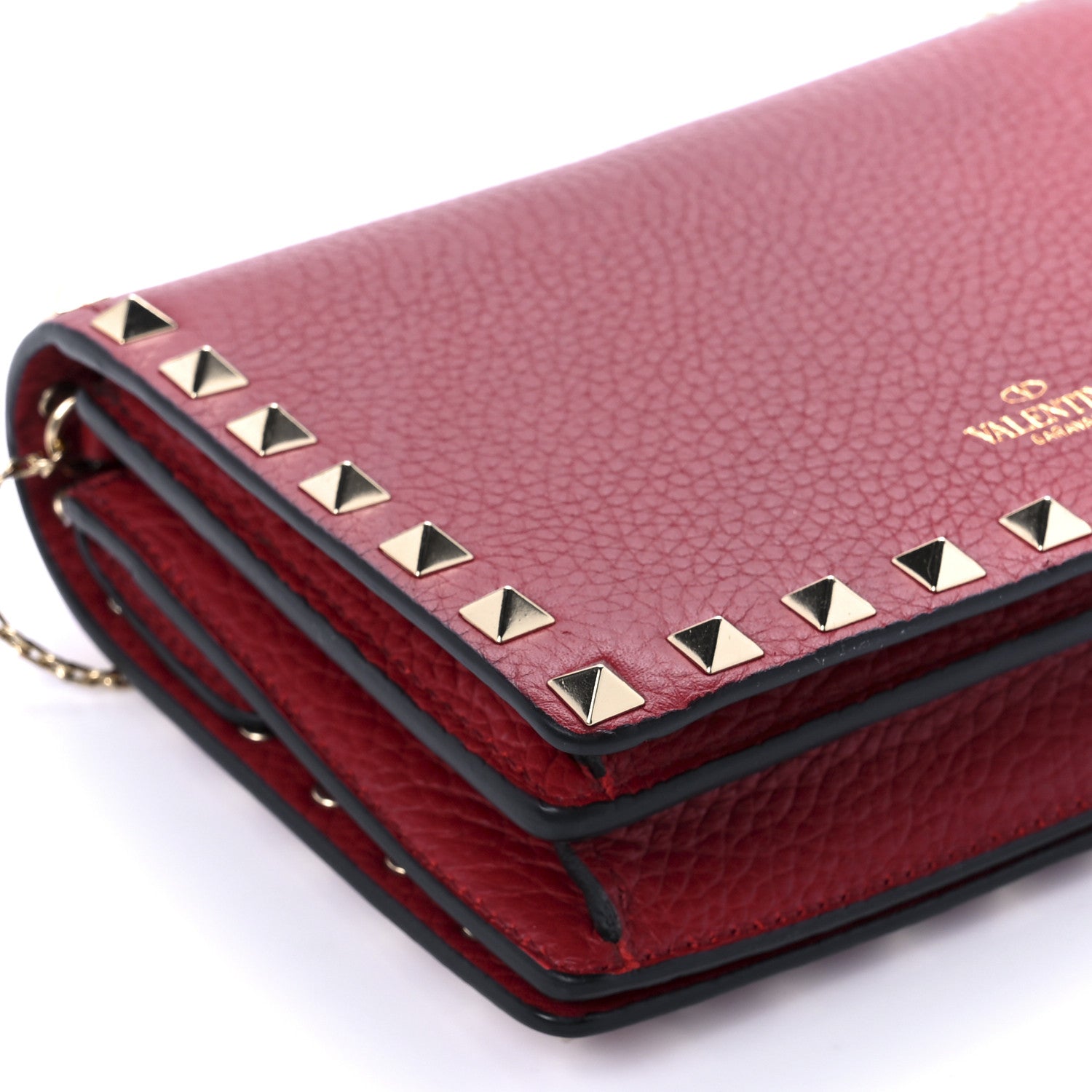 Valentino Garavani Pebbled Calfskin Rockstud Wallet on Chain Rubino 10 of 11