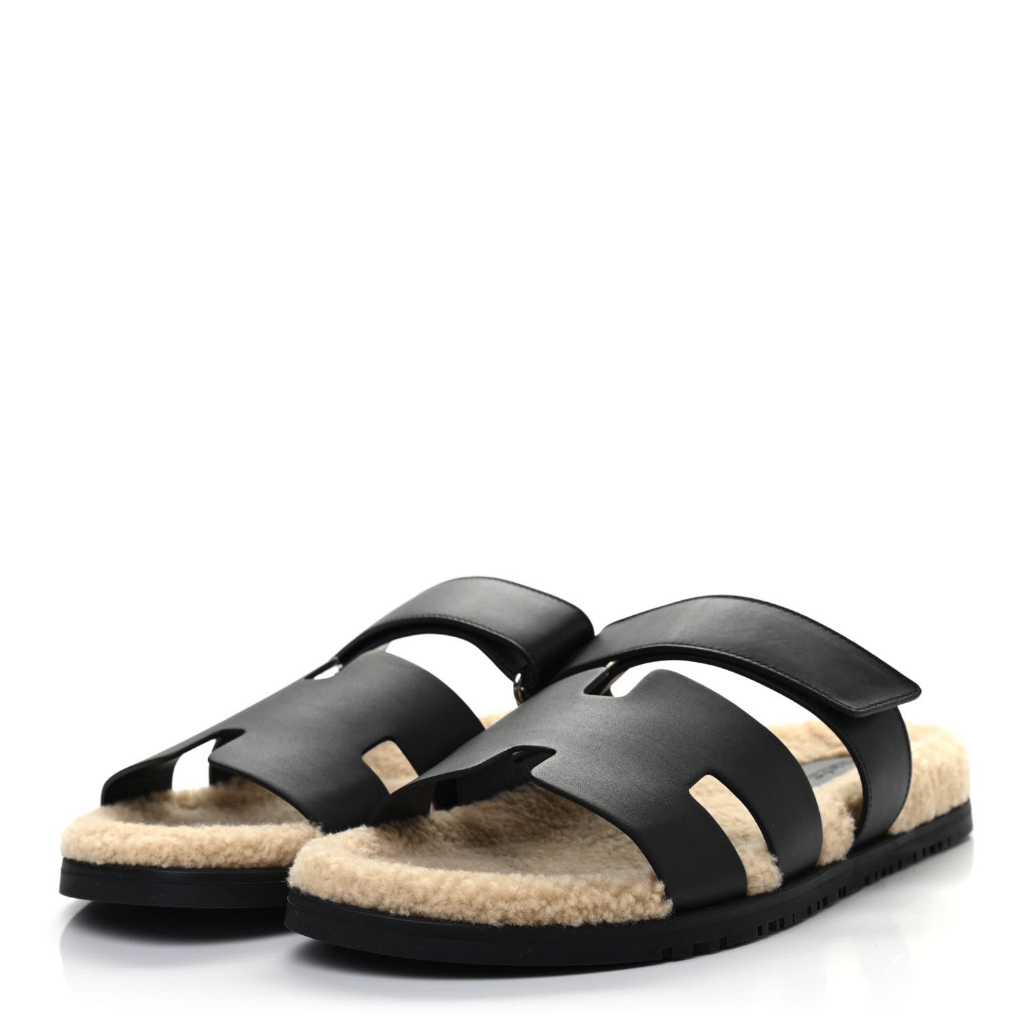 Hermes Calfskin Woolskin Mens Chypre Sandals 46 Black Ecru 3 of 9