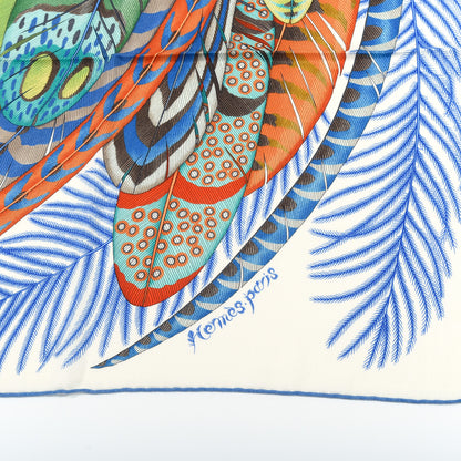 Hermes Cashmere Silk Plumes En Fete Shawl 140 White Vert Blue 2 of 5