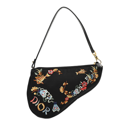 Christian Dior Satin Embroidered Koi Saddle Bag Black 1 of 9