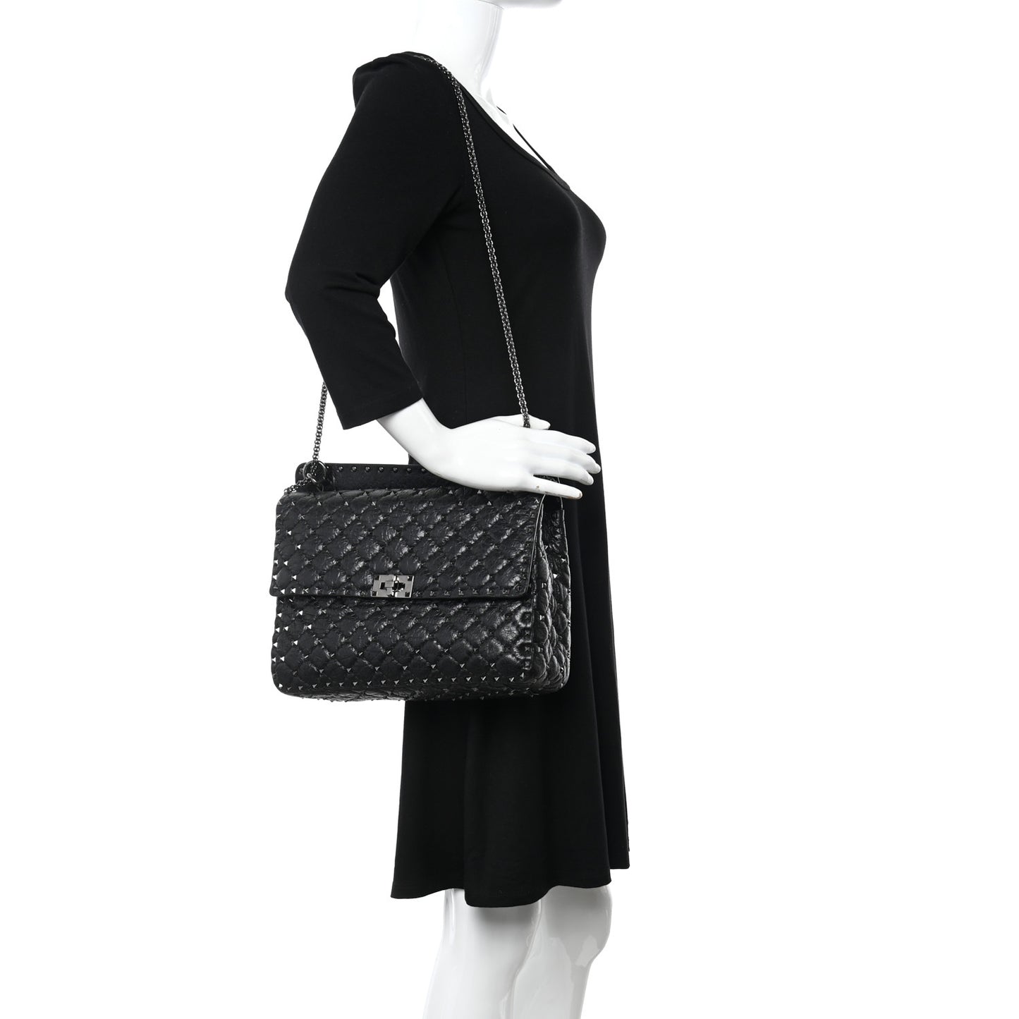 Craquele Nappa Large Rockstud Spike Shoulder Bag Black