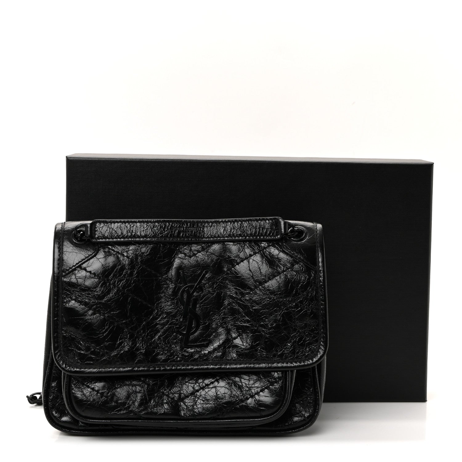 Saint Laurent Crinkled Calfskin Matelasse Monogram Baby Niki Chain Satchel Black 18 of 19