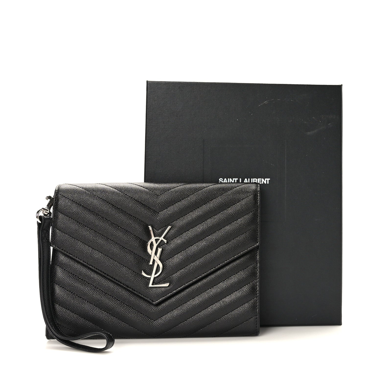 Saint Laurent Grain De Poudre Matelasse Chevron Monogram Cassandre Flap Pouch Black 8 of 8