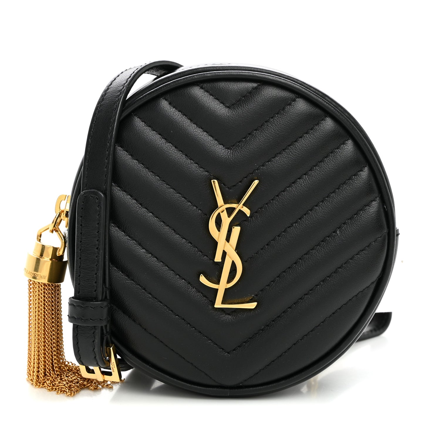 Calfskin Matelasse Chevron Quilted Baby Round Vinyle Belt Bag Black
